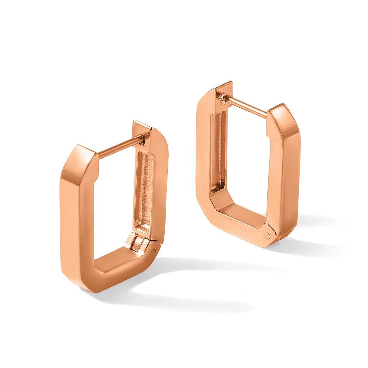 A pair of rose gold rectangular hoop earrings with rounded corners and hinged closures, shown from two angles.