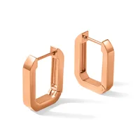 A pair of rose gold rectangular hoop earrings with rounded corners and hinged closures, shown from two angles.