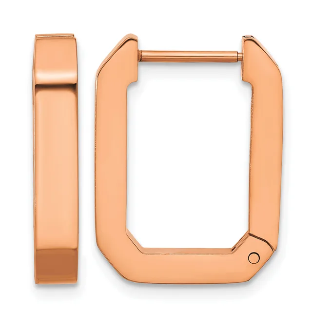 A pair of rose gold hoop earrings shown from the front and side, featuring a polished rectangular design with rounded corners and a hinged closure.