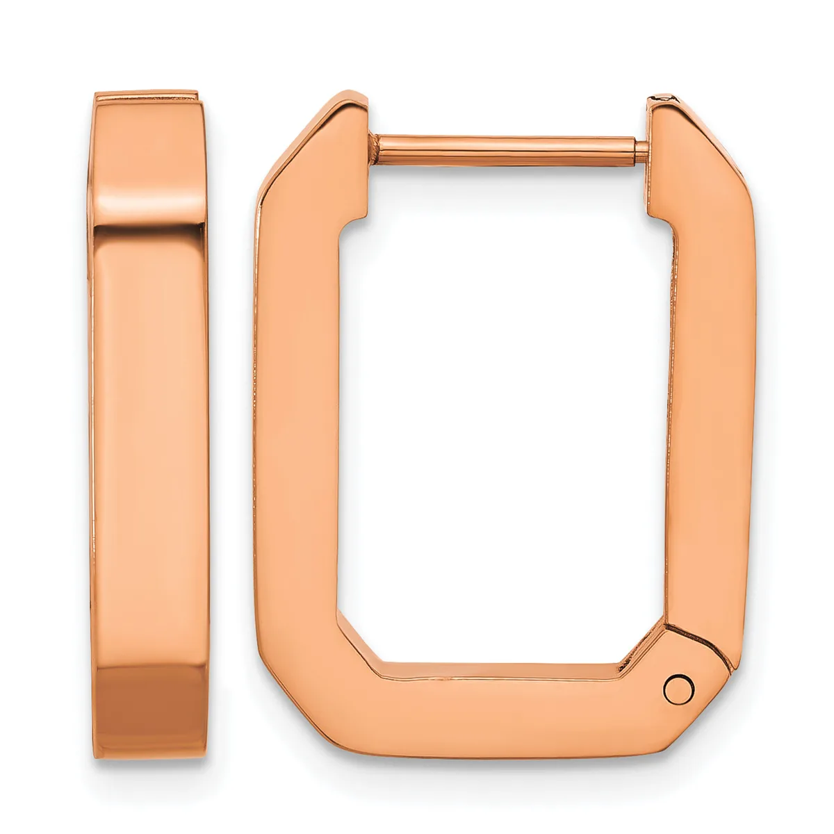 A pair of rose gold hoop earrings shown from the front and side, featuring a polished rectangular design with rounded corners and a hinged closure.