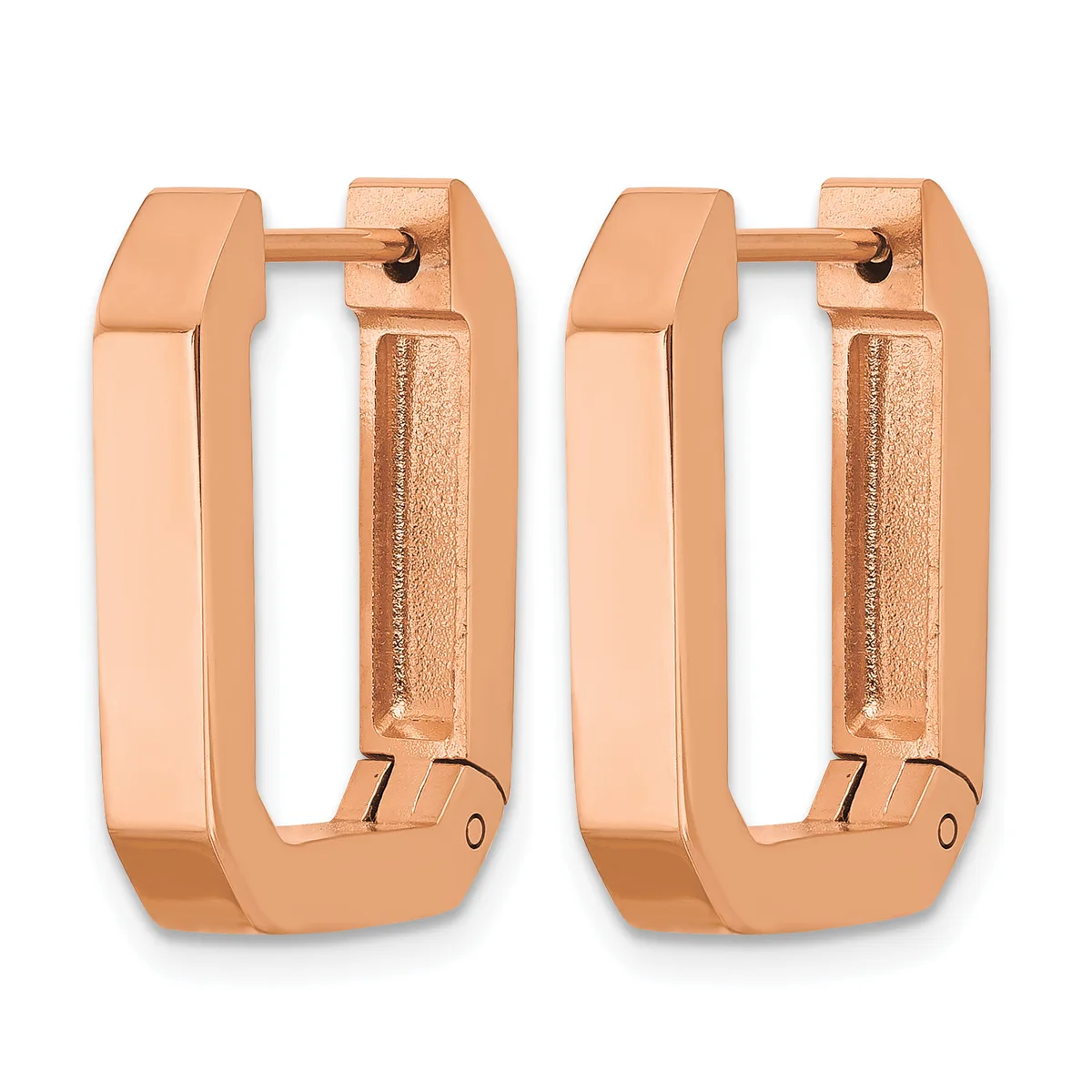 A pair of rose gold rectangular hoop earrings with rounded corners and a textured interior, shown from front and back views.
