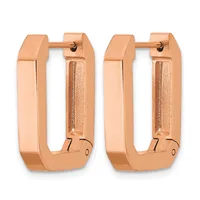 A pair of rose gold rectangular hoop earrings with rounded corners and a textured interior, shown from front and back views.