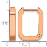 Rose gold rectangular hoop earrings with rounded corners and a polished finish, shown front and side view with measurement scale indicating approximately one inch in height and half inch in width.
