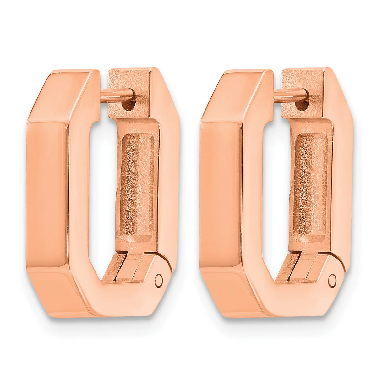 A pair of rose gold hoop earrings with a rectangular shape and polished finish, shown from the front and back views.