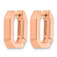 A pair of rose gold hoop earrings with a rectangular shape and polished finish, shown from the front and back views.