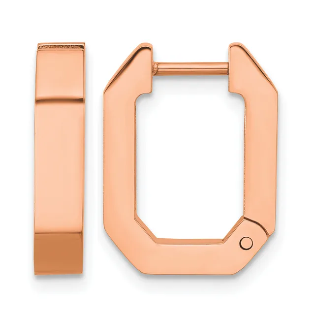 Pair of rose gold hoop earrings with a rectangular shape and hinged post backs, shown from front and side views.