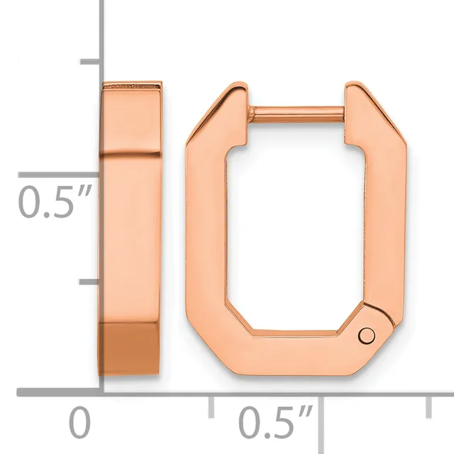 Rose gold rectangular hoop earrings with rounded corners displayed against a measurement grid showing 0.5 inch width and depth.