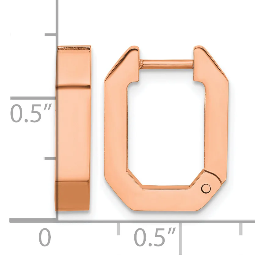 Rose gold rectangular hoop earrings with rounded corners displayed against a measurement grid showing 0.5 inch width and depth.