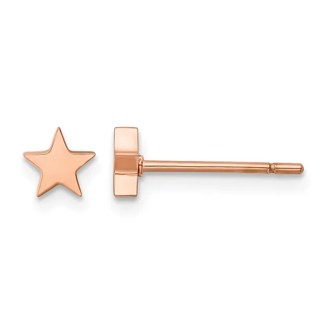 Pair of rose gold star-shaped stud earrings shown from front and side views.