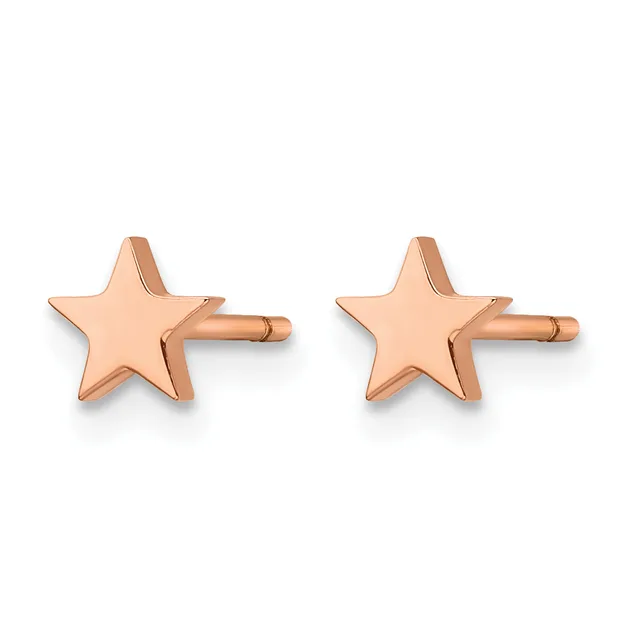 A pair of polished rose gold star-shaped stud earrings with posts and backs, shown from the front.