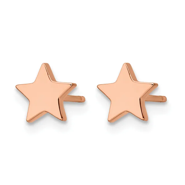 A pair of rose gold star-shaped stud earrings with polished surfaces and small posts.