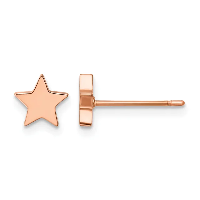 Pair of rose gold star-shaped stud earrings shown from front and side views.