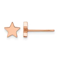 Pair of rose gold star-shaped stud earrings shown from front and side views.