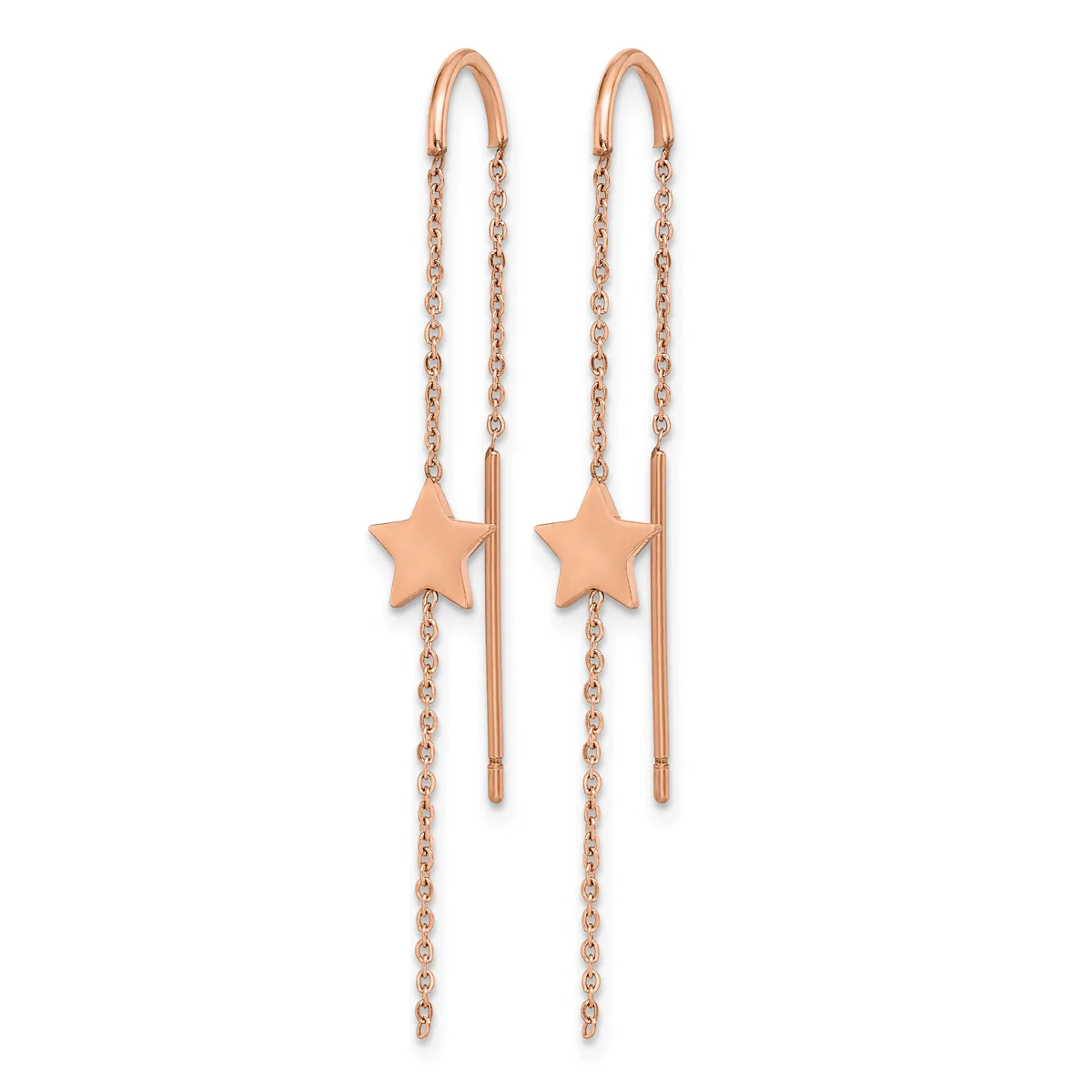 Pair of rose gold threader earrings with delicate chain strands and small star charms, displayed against a white background.