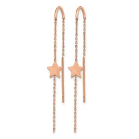 Pair of rose gold threader earrings with delicate chain strands and small star charms, displayed against a white background.