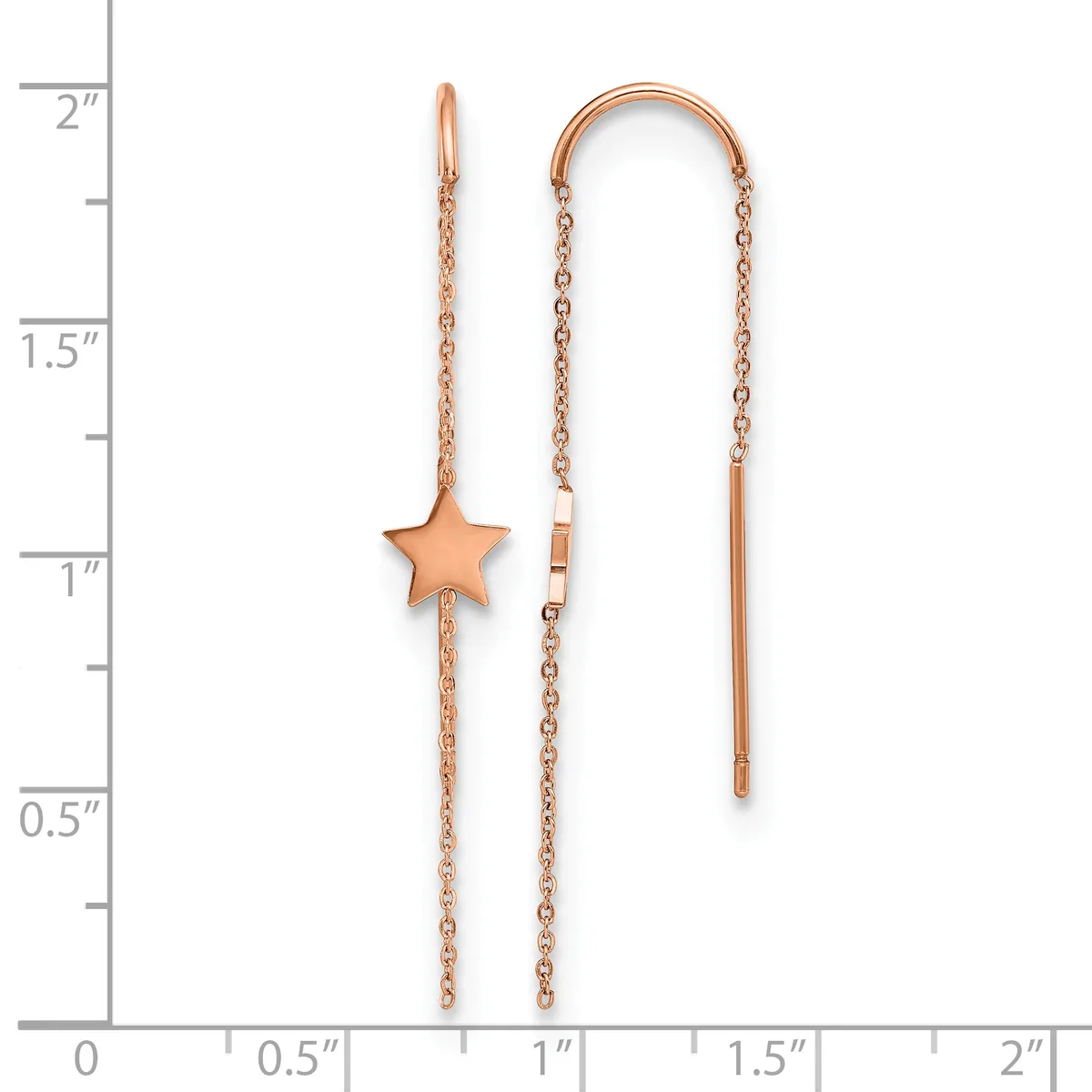 Two rose gold threader earrings displayed against a ruler showing they measure approximately two inches long, one with a star charm and one plain.