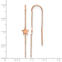Two rose gold threader earrings displayed against a ruler showing they measure approximately two inches long, one with a star charm and one plain.