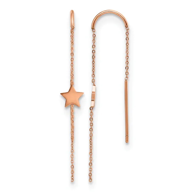Pair of rose gold threader earrings with delicate chain strands, one featuring a small star charm and the other plain, displayed against a white background.