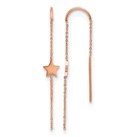 Pair of rose gold threader earrings with delicate chain strands, one featuring a small star charm and the other plain, displayed against a white background.