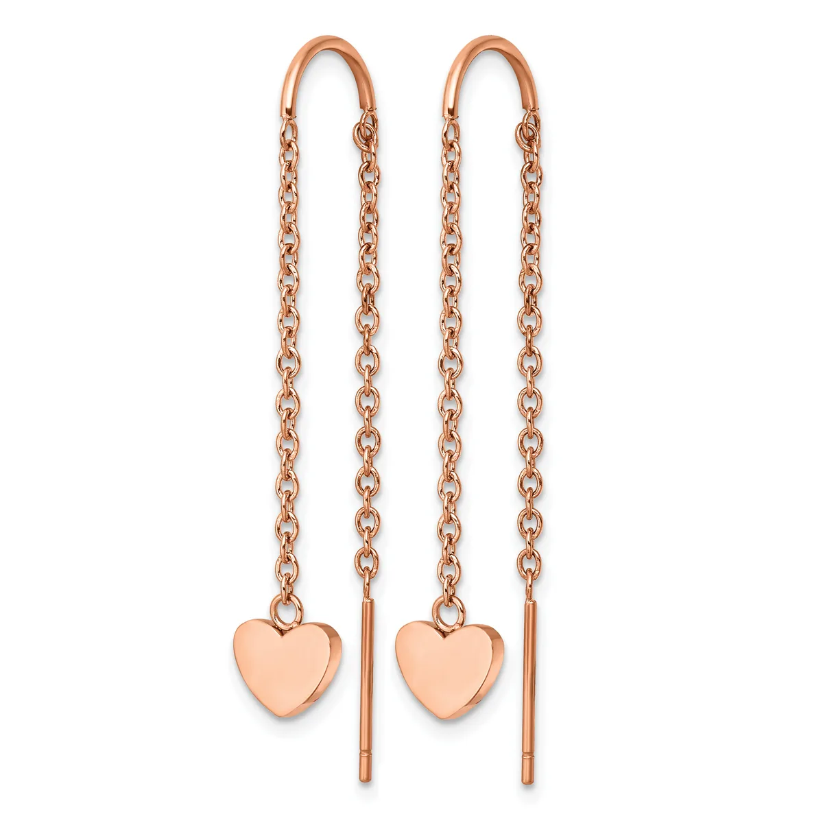 Pair of rose gold threader earrings with chain strands and small heart charms, displayed against a white background.