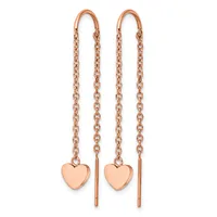 Pair of rose gold threader earrings with chain strands and small heart charms, displayed against a white background.