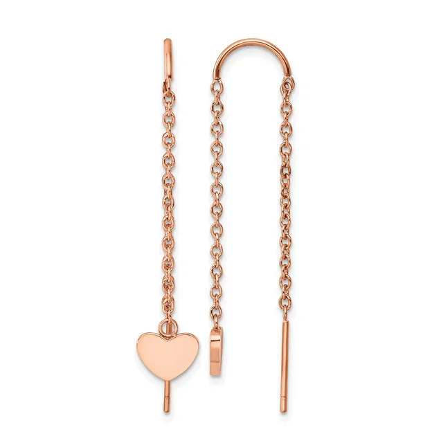 Pair of rose gold threader earrings with delicate chain strands, one featuring a polished heart charm pendant.