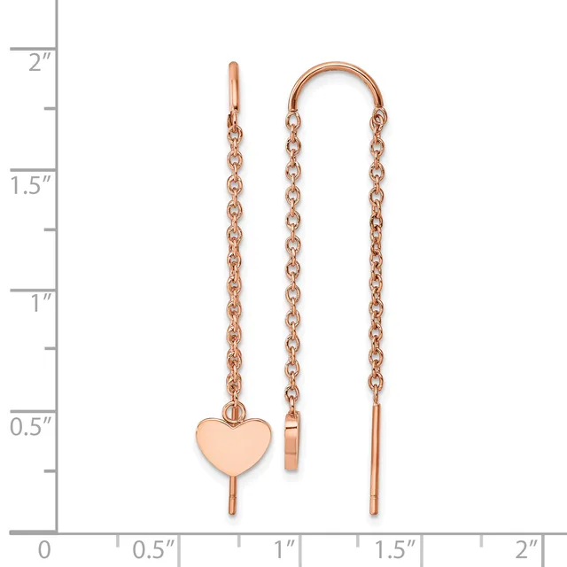 Rose gold threader earrings with delicate chain and a small heart charm, displayed against a measurement ruler showing approximately two inches in length.