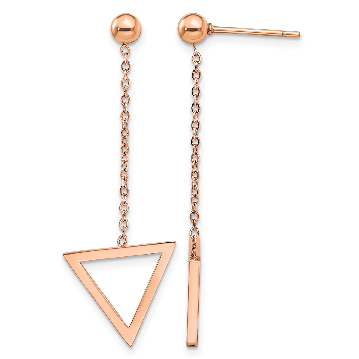 Pair of rose gold drop earrings with ball studs connected by delicate chains to hollow triangle pendants below.