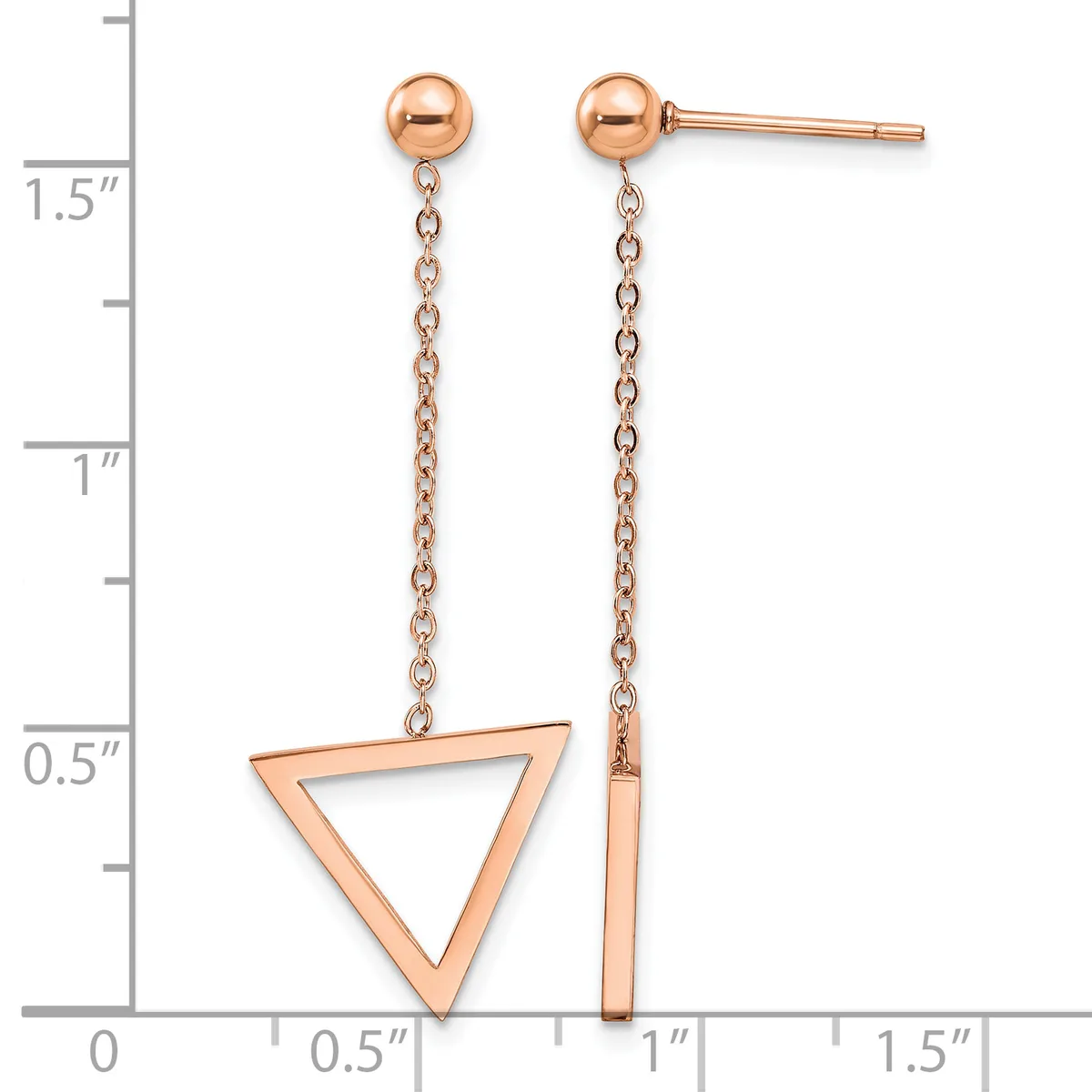 Rose gold drop earrings with ball studs and chain links, one featuring a triangular outline and one a rectangular bar, displayed against a measurement scale.
