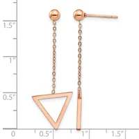 Rose gold drop earrings with ball studs and chain links, one featuring a triangular outline and one a rectangular bar, displayed against a measurement scale.