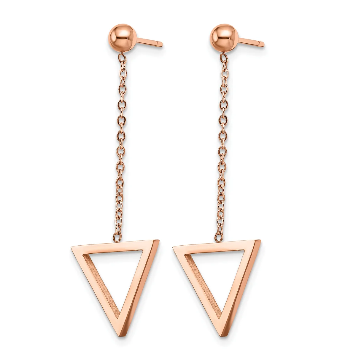 Pair of rose gold dangle earrings with small spherical studs at the top connected by delicate chains to inverted triangle pendants below.