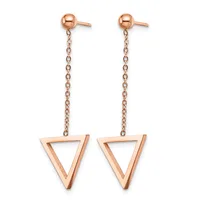 Pair of rose gold dangle earrings with small spherical studs at the top connected by delicate chains to inverted triangle pendants below.