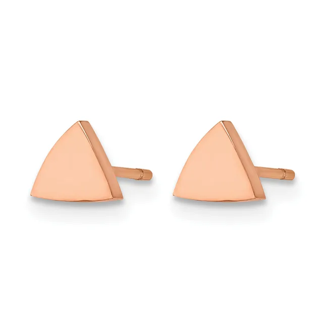 A pair of rose gold triangular stud earrings with posts and backs, shown from the side view.