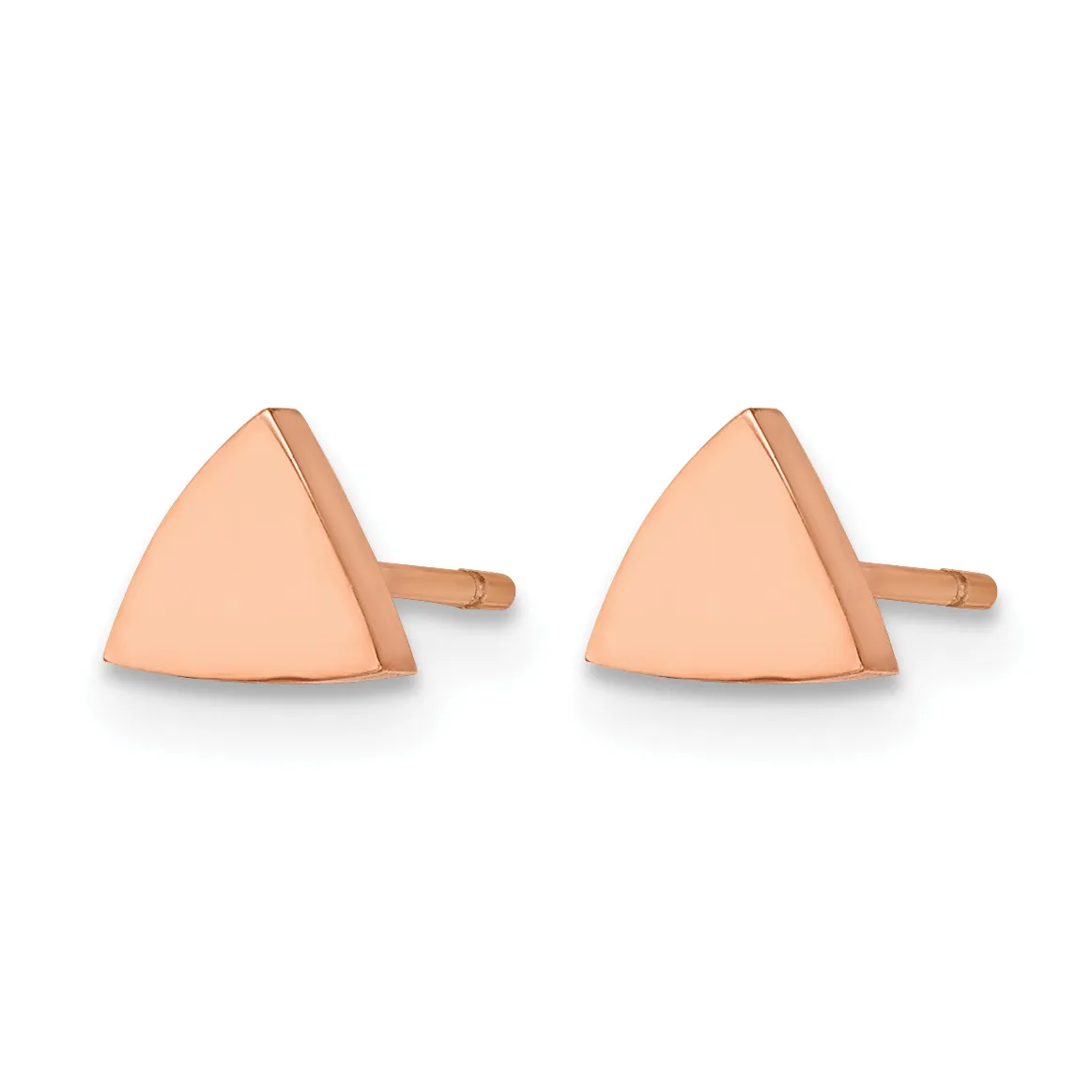 A pair of rose gold triangular stud earrings with posts and backs, shown from the side view.
