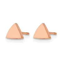 A pair of rose gold triangular stud earrings with posts and backs, shown from the side view.