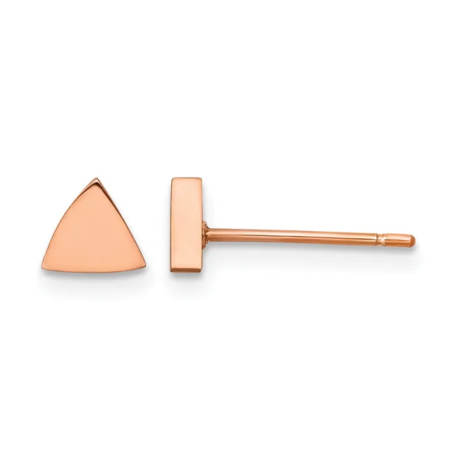 A pair of rose gold triangular stud earrings shown from front and side views with thin posts and backs.