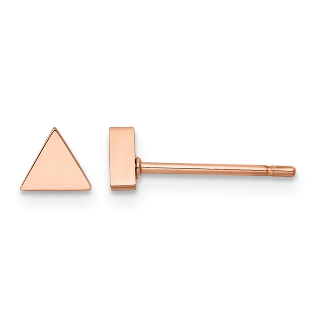 A pair of rose gold triangle stud earrings shown from the front and back views.