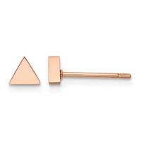 A pair of rose gold triangle stud earrings shown from the front and back views.