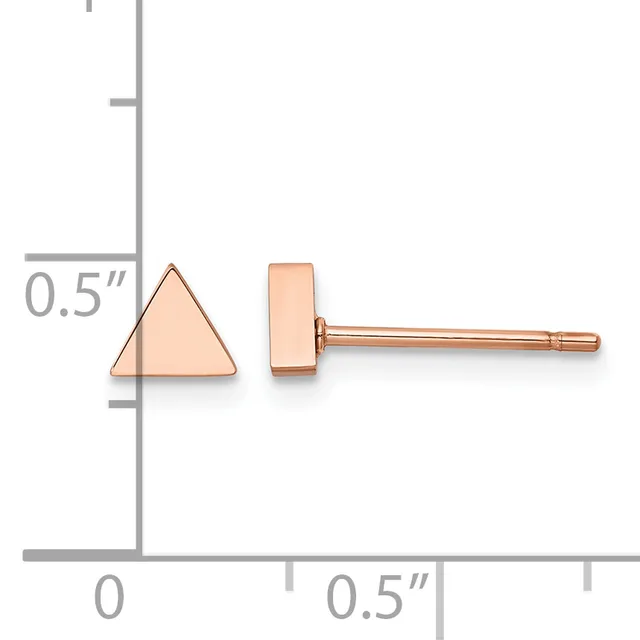 A pair of rose gold stud earrings with a triangular post on the left and a rectangular post on the right, displayed next to a ruler showing approximately 0.5 inch dimensions.