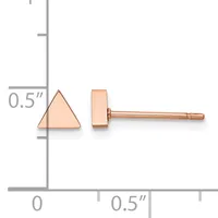 A pair of rose gold stud earrings with a triangular post on the left and a rectangular post on the right, displayed next to a ruler showing approximately 0.5 inch dimensions.
