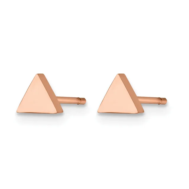 Pair of rose gold triangular stud earrings with small posts and backs, displayed against a white background.