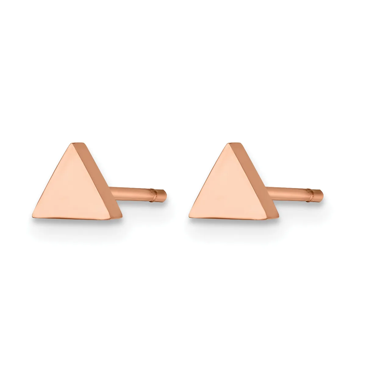 Pair of rose gold triangular stud earrings with small posts and backs, displayed against a white background.