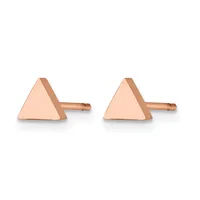 Pair of rose gold triangular stud earrings with small posts and backs, displayed against a white background.