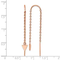 Rose gold threader earrings with chain links, featuring a triangular pendant on one earring and matching bar details, displayed against a measurement ruler.