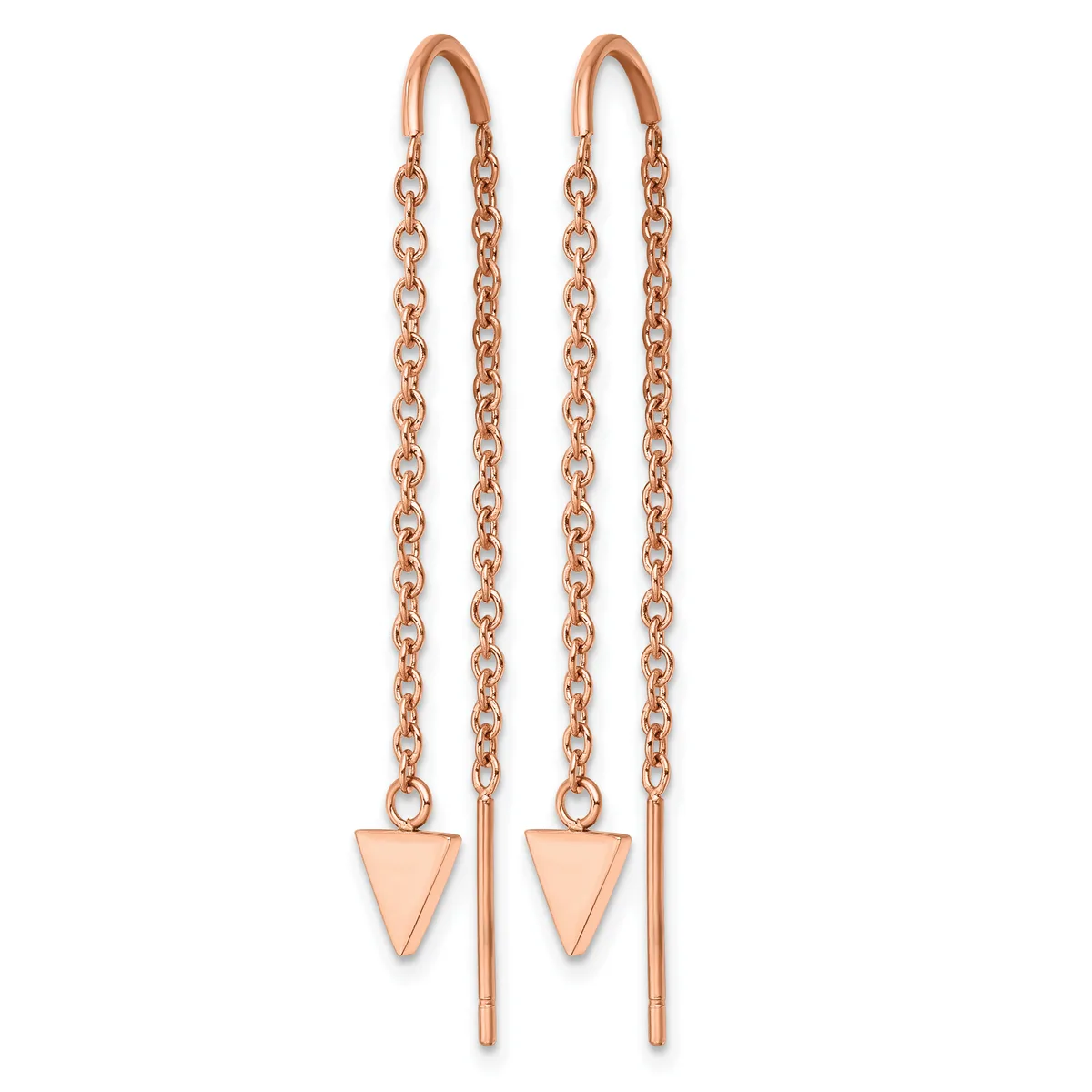 Pair of rose gold threader earrings with delicate chain strands and small triangular pendants at the ends.