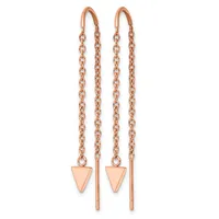 Pair of rose gold threader earrings with delicate chain strands and small triangular pendants at the ends.