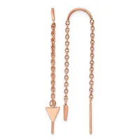 Pair of rose gold threader earrings with delicate chain links and triangular and cylindrical pendant drops.