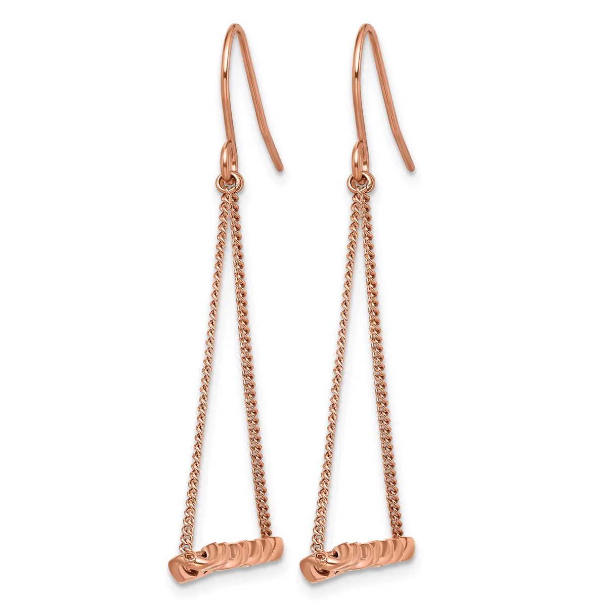 Pair of rose gold drop earrings with threader-style ear wires and delicate chain strands suspending textured cylindrical pendants.