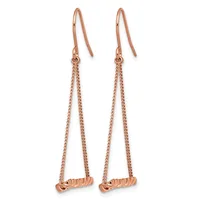 Pair of rose gold drop earrings with threader-style ear wires and delicate chain strands suspending textured cylindrical pendants.