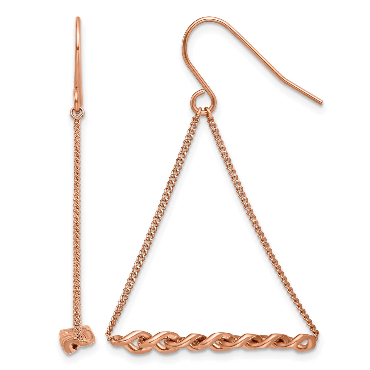 Pair of rose gold drop earrings with fish hook wires, one featuring a plain chain and the other with a twisted decorative bar.
